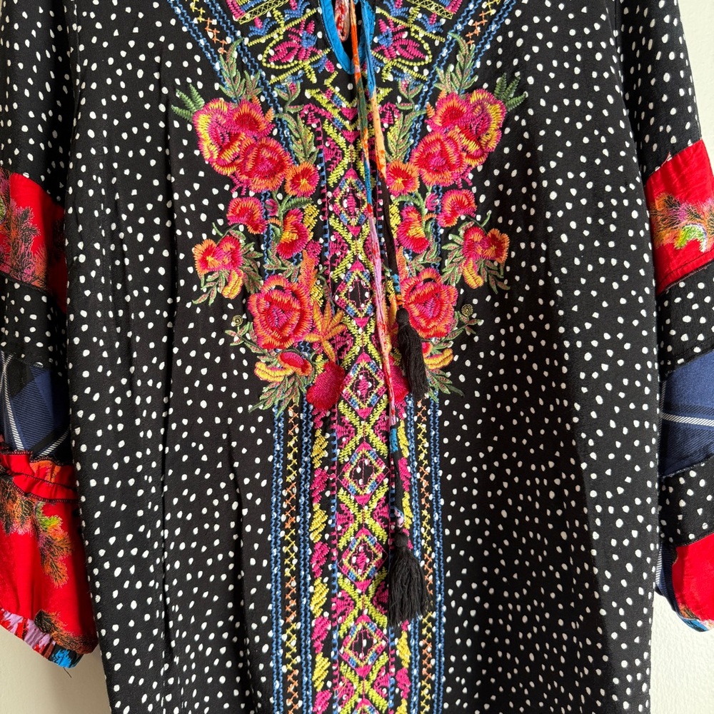 Embroidered Floral Black Polka-Dot Tie-Front Tunic - Picture 4 of 10